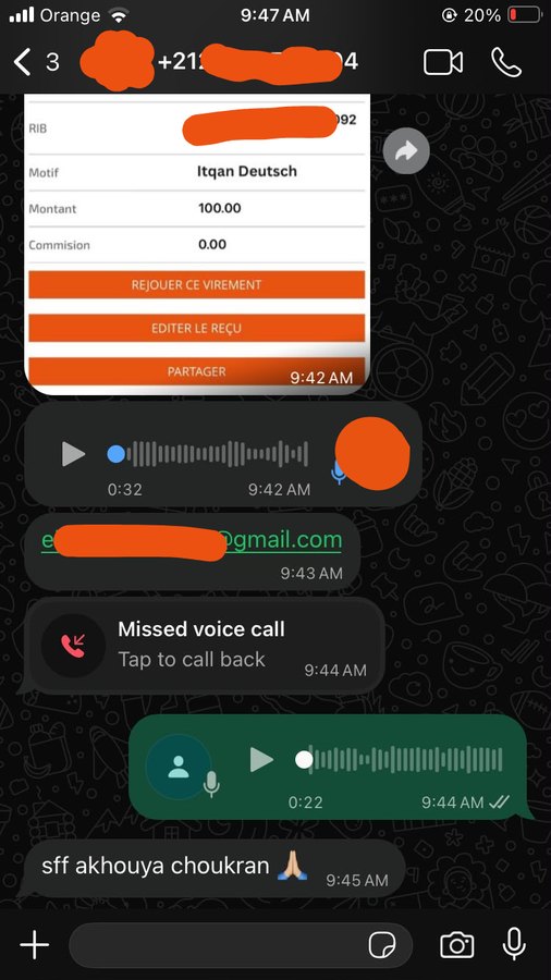 محادثة واتساب: وصل تحويل بنكي بمبلغ 100 درهم، والطالب كيبعث الإيميل ديالو باش يتفعّل ليه الحساب.